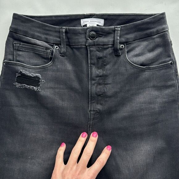 Good American Sz 4/27 Good Waist Crop Raw Step Hem High Rise Stretch Black Jean‎ - Picture 4 of 14